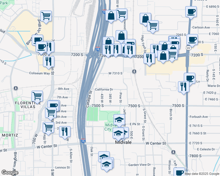 map of restaurants, bars, coffee shops, grocery stores, and more near 7375 South Dewmar Court in Midvale