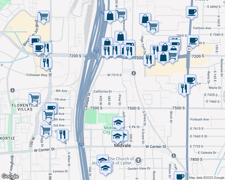 map of restaurants, bars, coffee shops, grocery stores, and more near 7373 South Wood Lily Court in Midvale