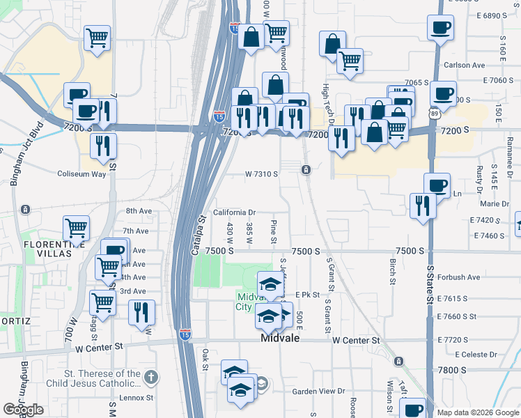 map of restaurants, bars, coffee shops, grocery stores, and more near 7391 385 West in Midvale