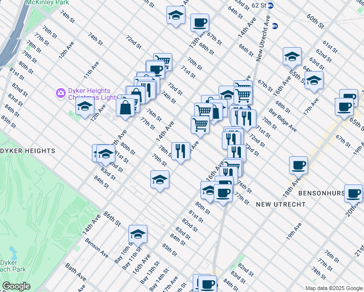 map of restaurants, bars, coffee shops, grocery stores, and more near 7606 15th Avenue in Brooklyn