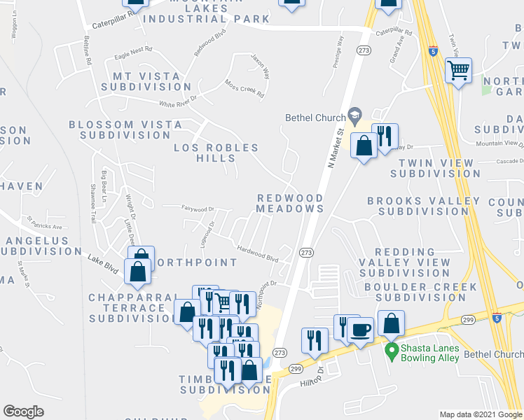map of restaurants, bars, coffee shops, grocery stores, and more near 4842 Pecan Drive in Redding