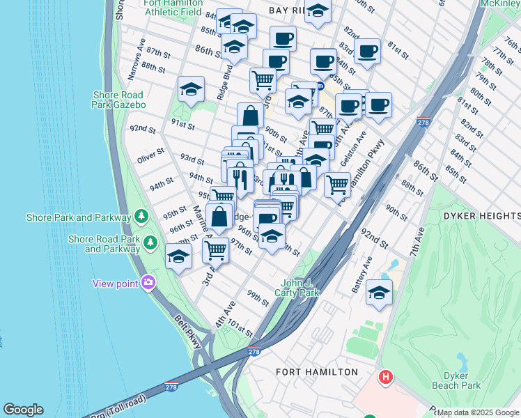 map of restaurants, bars, coffee shops, grocery stores, and more near 350 94th Street in Brooklyn