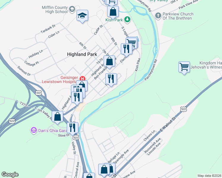 map of restaurants, bars, coffee shops, grocery stores, and more near 500 T419 in Lewistown