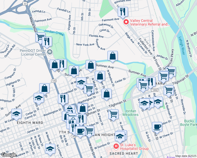 map of restaurants, bars, coffee shops, grocery stores, and more near 399 Greenleaf Street in Allentown