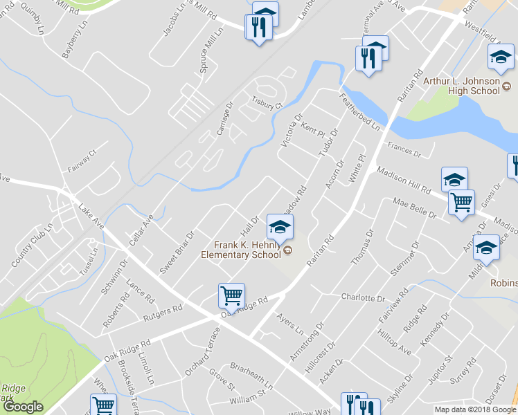 map of restaurants, bars, coffee shops, grocery stores, and more near 86 Hall Drive in Clark