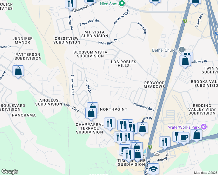 map of restaurants, bars, coffee shops, grocery stores, and more near 4553 Fairywood Drive in Redding