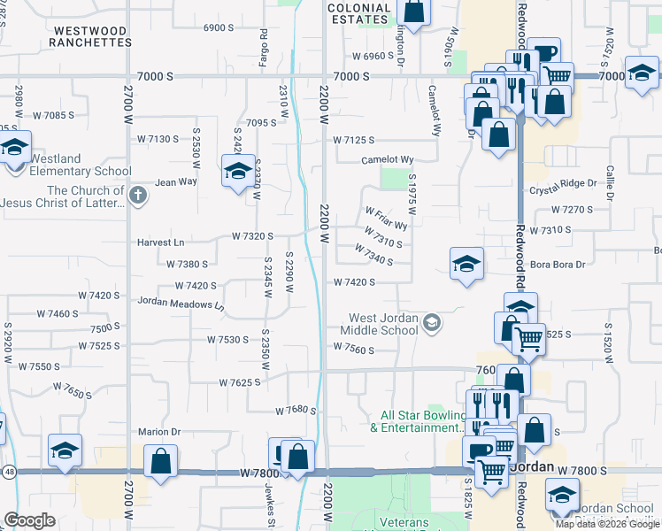 map of restaurants, bars, coffee shops, grocery stores, and more near 2172 West 7380 South in West Jordan