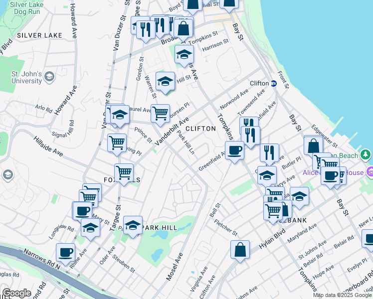 map of restaurants, bars, coffee shops, grocery stores, and more near 66 Park Hill Lane in Staten Island