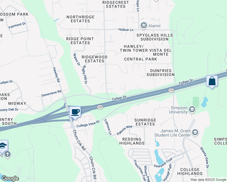 map of restaurants, bars, coffee shops, grocery stores, and more near 19271 Bjan Lane in Redding