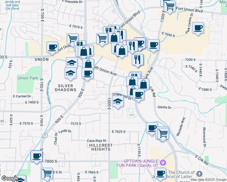 map of restaurants, bars, coffee shops, grocery stores, and more near 7396s Union Creek Way in Midvale