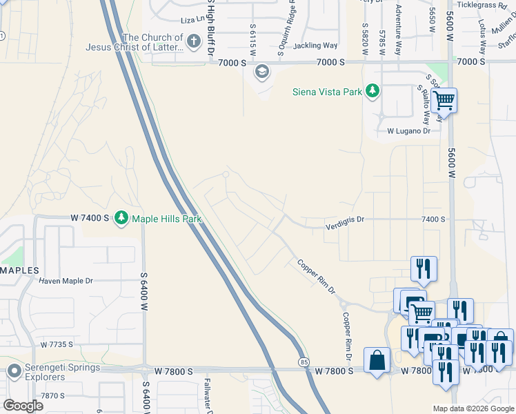 map of restaurants, bars, coffee shops, grocery stores, and more near 7383 South Olivine River Lane in West Jordan