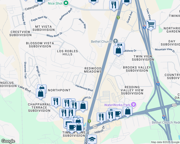 map of restaurants, bars, coffee shops, grocery stores, and more near 613 Marijean Way in Redding
