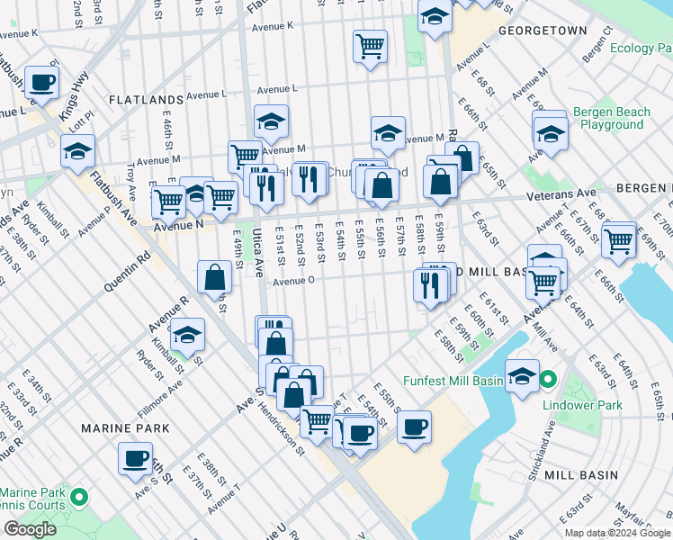 map of restaurants, bars, coffee shops, grocery stores, and more near 5321 Avenue O in Brooklyn