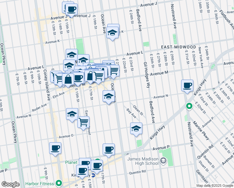 map of restaurants, bars, coffee shops, grocery stores, and more near 1851 Ocean Avenue in Brooklyn