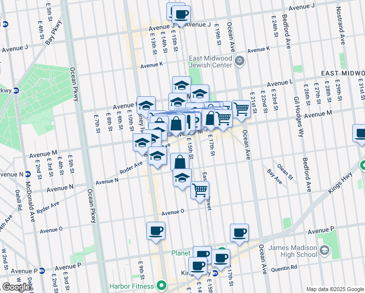 map of restaurants, bars, coffee shops, grocery stores, and more near 1337 East 14th Street in Brooklyn