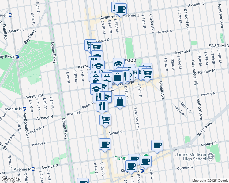 map of restaurants, bars, coffee shops, grocery stores, and more near 1216 Elm Avenue in Brooklyn