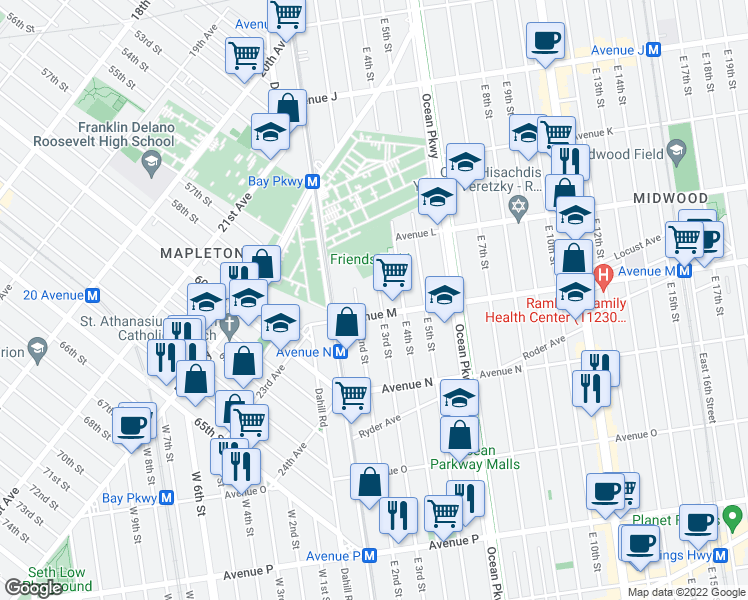 map of restaurants, bars, coffee shops, grocery stores, and more near 225 Avenue M in Brooklyn