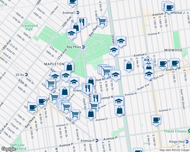 map of restaurants, bars, coffee shops, grocery stores, and more near 225 Avenue M in Brooklyn