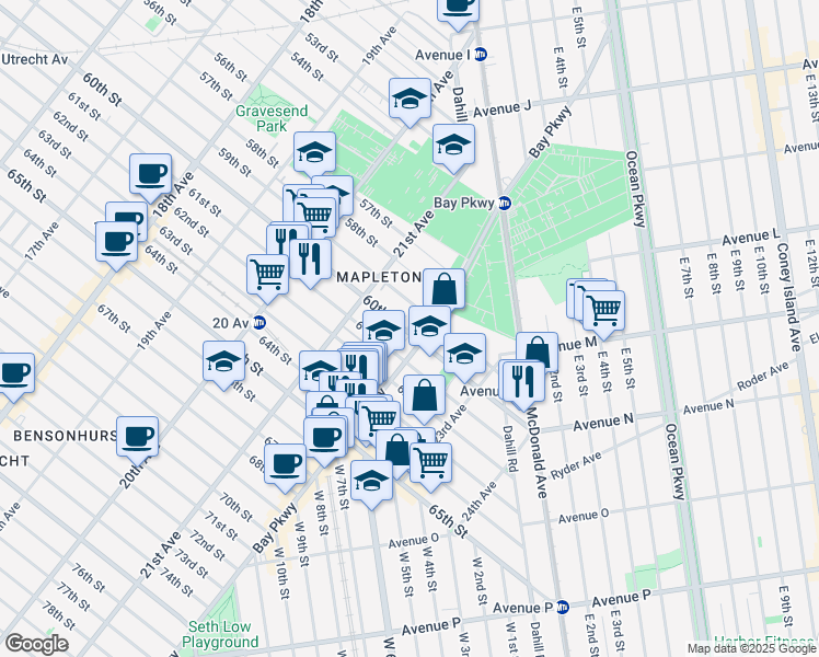 map of restaurants, bars, coffee shops, grocery stores, and more near 5920 Bay Parkway in Brooklyn