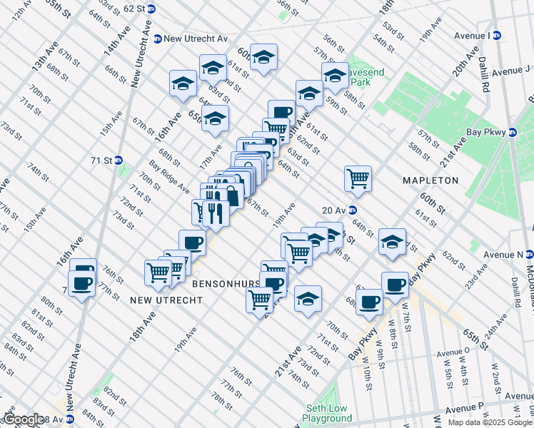 map of restaurants, bars, coffee shops, grocery stores, and more near 1843 68th Street in Brooklyn