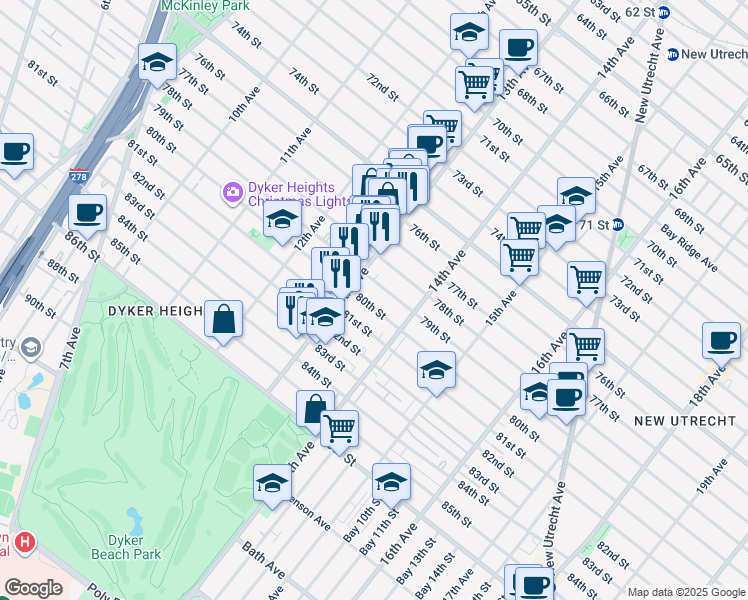 map of restaurants, bars, coffee shops, grocery stores, and more near 1318 80th Street in Brooklyn