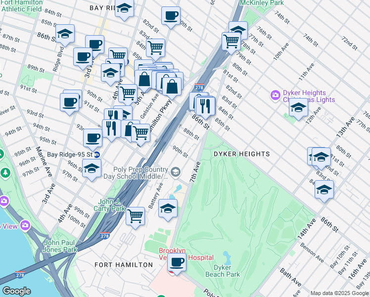 map of restaurants, bars, coffee shops, grocery stores, and more near 641 90th Street in Brooklyn