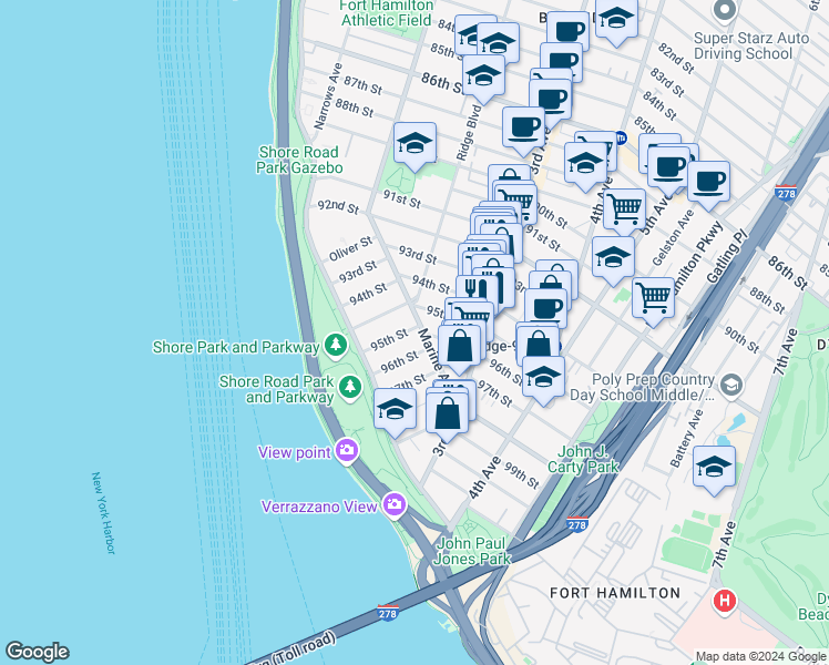 map of restaurants, bars, coffee shops, grocery stores, and more near 143 95th Street in Brooklyn