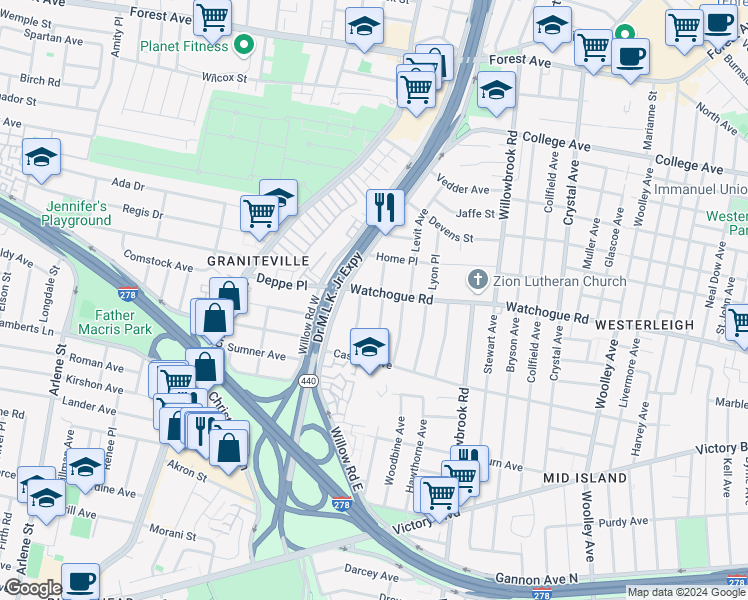 map of restaurants, bars, coffee shops, grocery stores, and more near 6 Canterbury Avenue in Staten Island