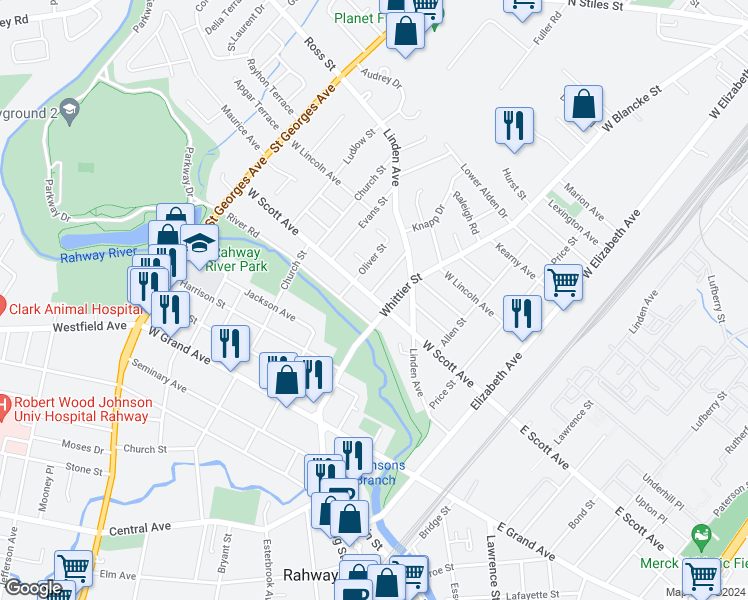 map of restaurants, bars, coffee shops, grocery stores, and more near 451 River Road in Rahway