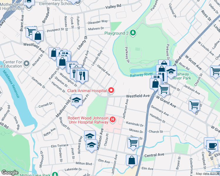 map of restaurants, bars, coffee shops, grocery stores, and more near 1427 Lambert Street in Rahway