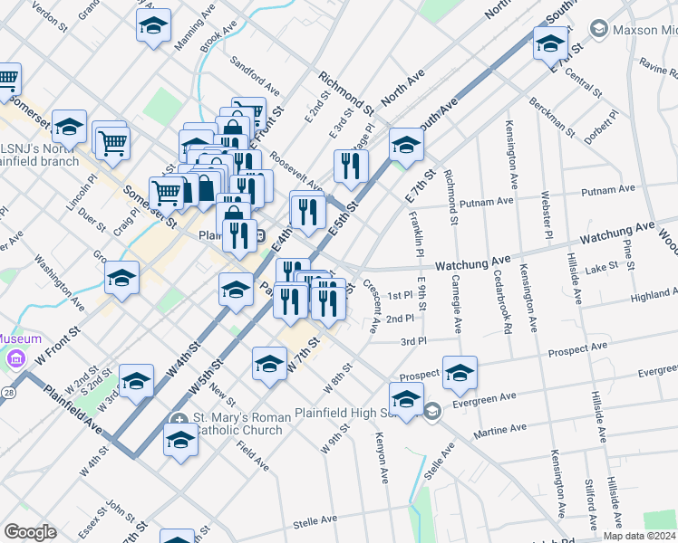 map of restaurants, bars, coffee shops, grocery stores, and more near 600-02 Crescent Avenue in Plainfield