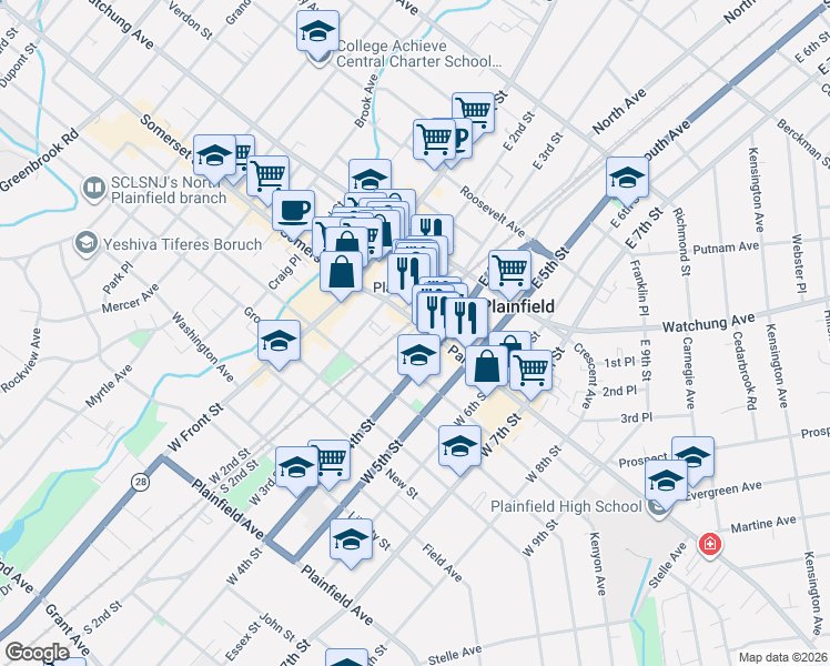 map of restaurants, bars, coffee shops, grocery stores, and more near 320 Park Avenue in Plainfield
