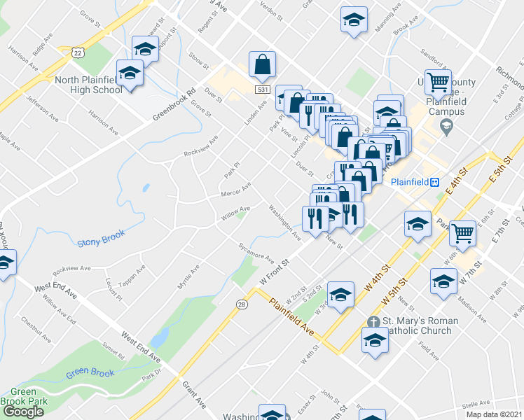 map of restaurants, bars, coffee shops, grocery stores, and more near 15 Myrtle Avenue in North Plainfield
