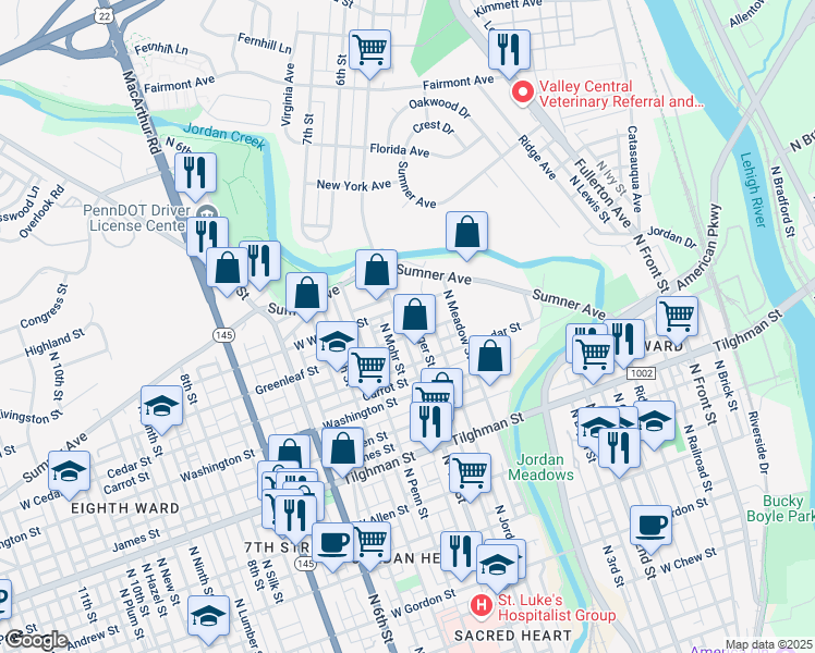 map of restaurants, bars, coffee shops, grocery stores, and more near 399 Greenleaf Street in Allentown