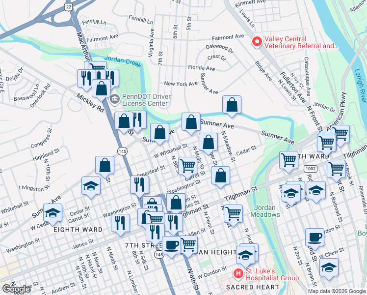 map of restaurants, bars, coffee shops, grocery stores, and more near 933 North 5th Street in Allentown
