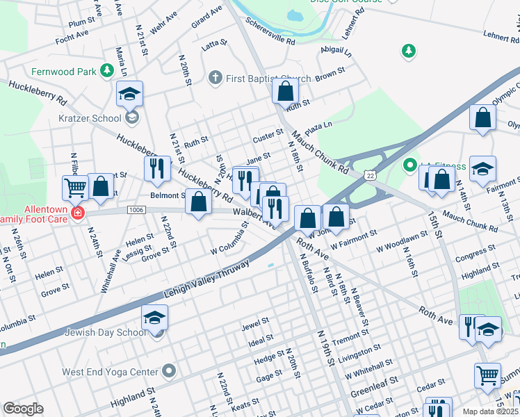 map of restaurants, bars, coffee shops, grocery stores, and more near 1426 North 19th Street in Allentown