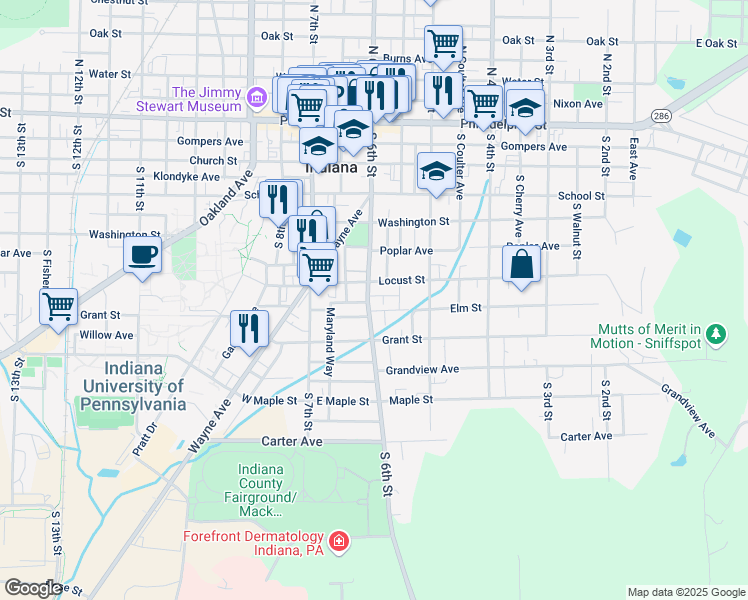 map of restaurants, bars, coffee shops, grocery stores, and more near 425 South 6th Street in Indiana
