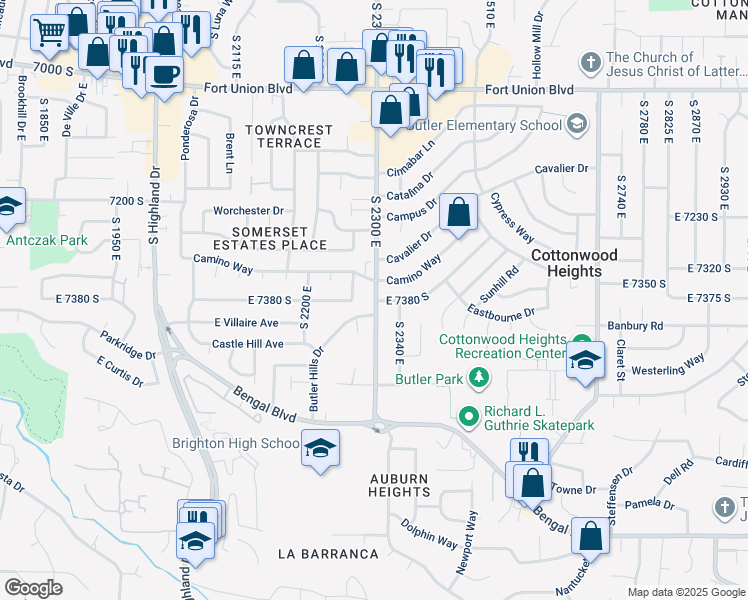 map of restaurants, bars, coffee shops, grocery stores, and more near 7372 South 2300 East in Cottonwood Heights