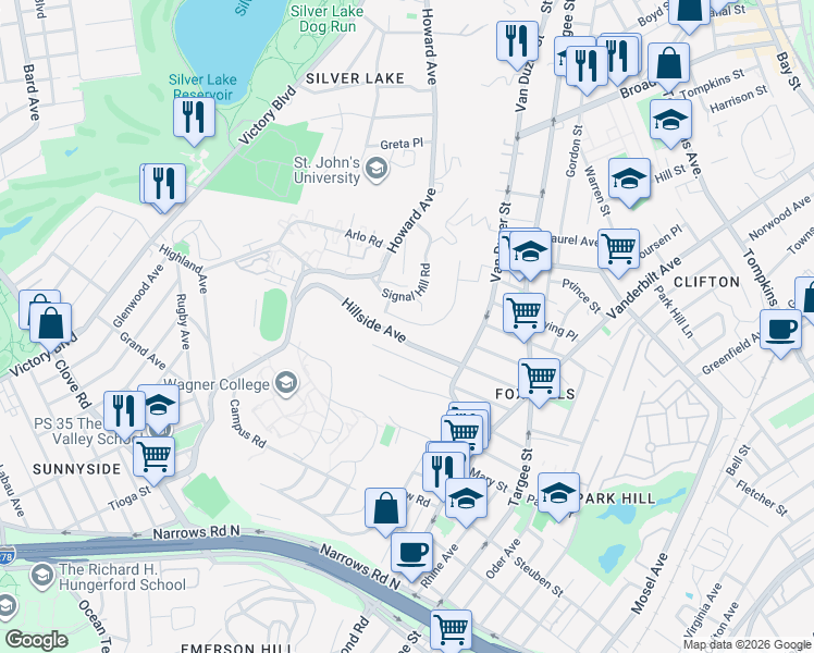 map of restaurants, bars, coffee shops, grocery stores, and more near 151 Hillside Avenue in Staten Island