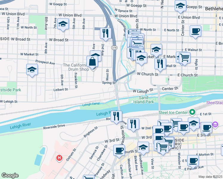map of restaurants, bars, coffee shops, grocery stores, and more near 208 West Lehigh Street in Bethlehem