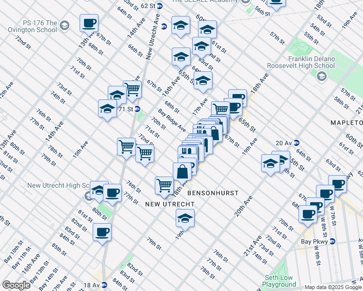 map of restaurants, bars, coffee shops, grocery stores, and more near 1724 70th Street in Brooklyn