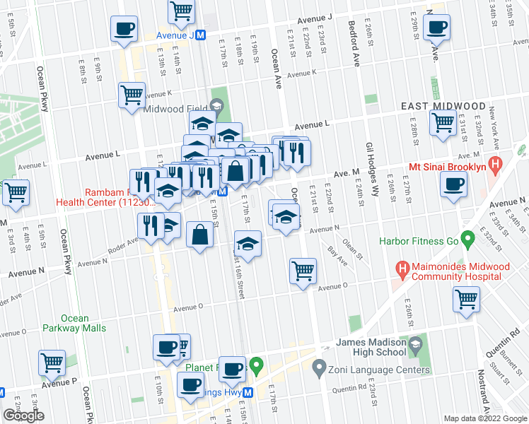 map of restaurants, bars, coffee shops, grocery stores, and more near 1365 East 17th Street in Brooklyn