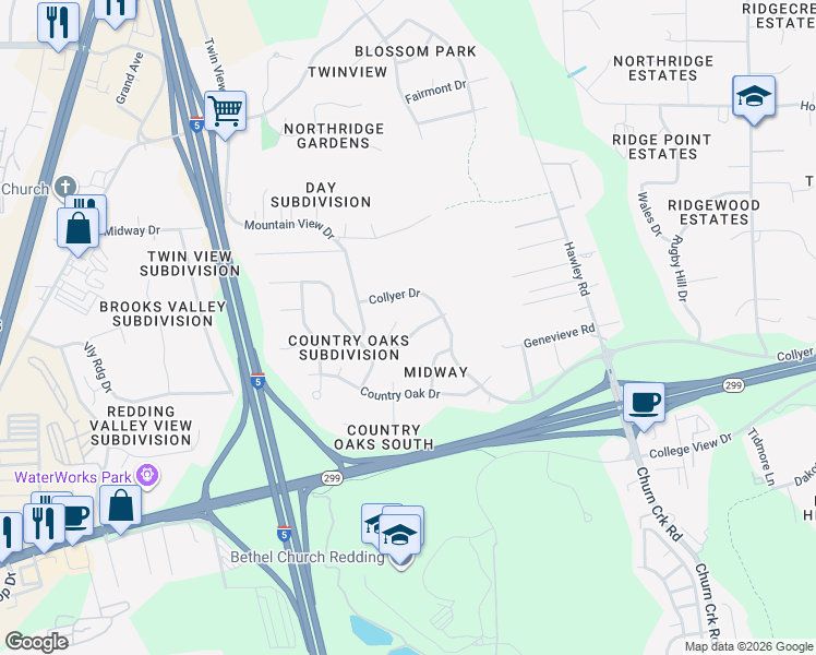 map of restaurants, bars, coffee shops, grocery stores, and more near 788 Metro Way in Redding