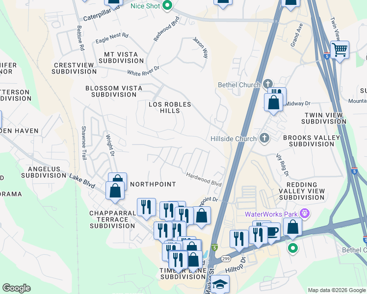 map of restaurants, bars, coffee shops, grocery stores, and more near 4500 Fairywood Drive in Redding
