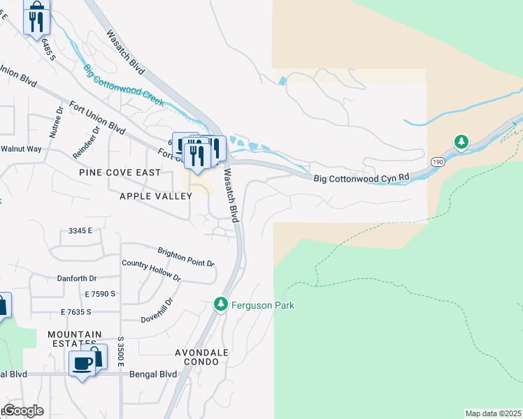 map of restaurants, bars, coffee shops, grocery stores, and more near 7377 Comstock Circle in Cottonwood Heights