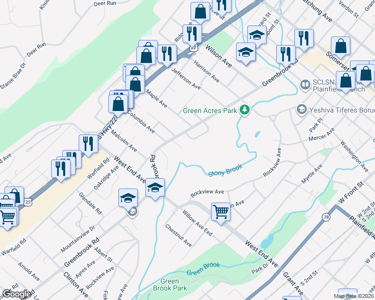 map of restaurants, bars, coffee shops, grocery stores, and more near 110 Sweetbriar Lane in North Plainfield