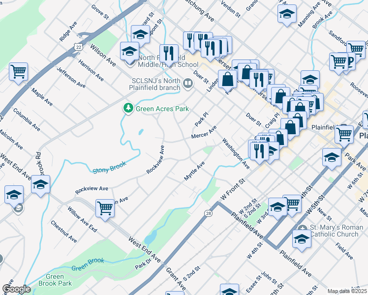 map of restaurants, bars, coffee shops, grocery stores, and more near 119 Sycamore Avenue in North Plainfield