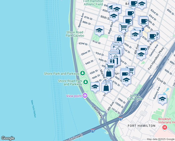 map of restaurants, bars, coffee shops, grocery stores, and more near 9485 Ridge Boulevard in Brooklyn