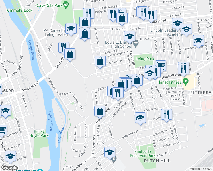 map of restaurants, bars, coffee shops, grocery stores, and more near 639 East Allen Street in Allentown