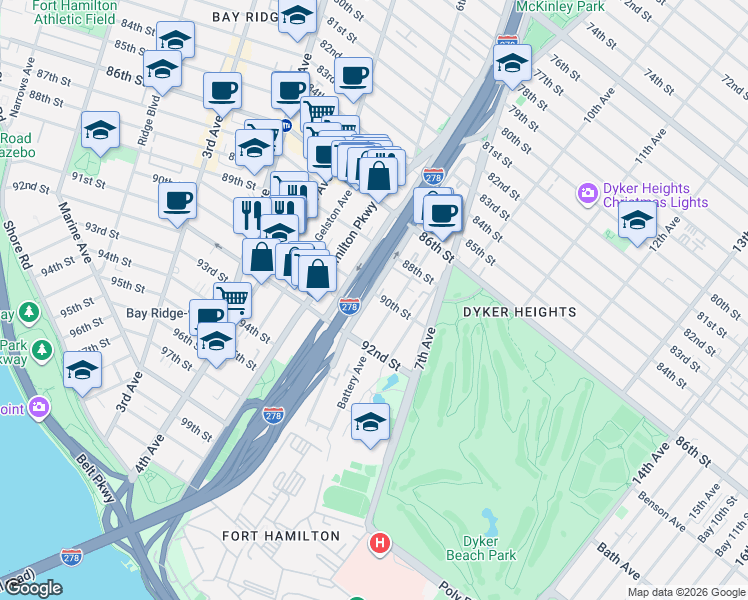 map of restaurants, bars, coffee shops, grocery stores, and more near 105 Dahlgren Place in Brooklyn